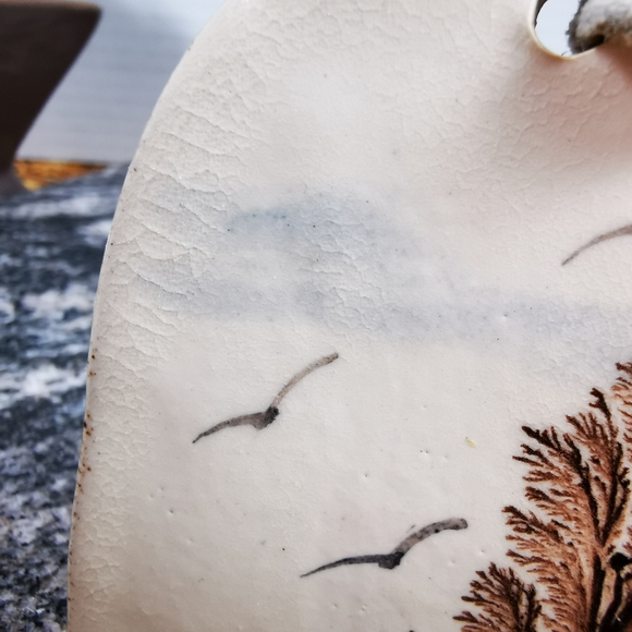 Vintage Irregular Oval Art Pottery Wall Hook with Trees and Birds in Flight - Picture 8 of 13